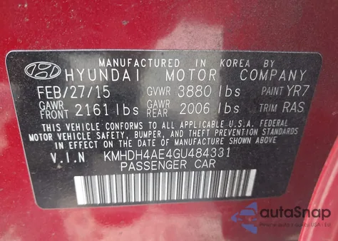 2016 Hyundai Elantra Se from USA, damaged, VIN KMHDH4AE4GU484331